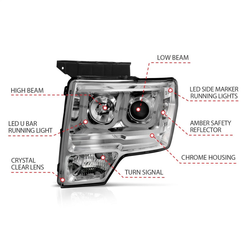 ANZO 2009-2014 Ford F-150 Projector Headlights w/ U-Bar Chrome Amber (HID TYPE) (WITHOUT HID KIT)