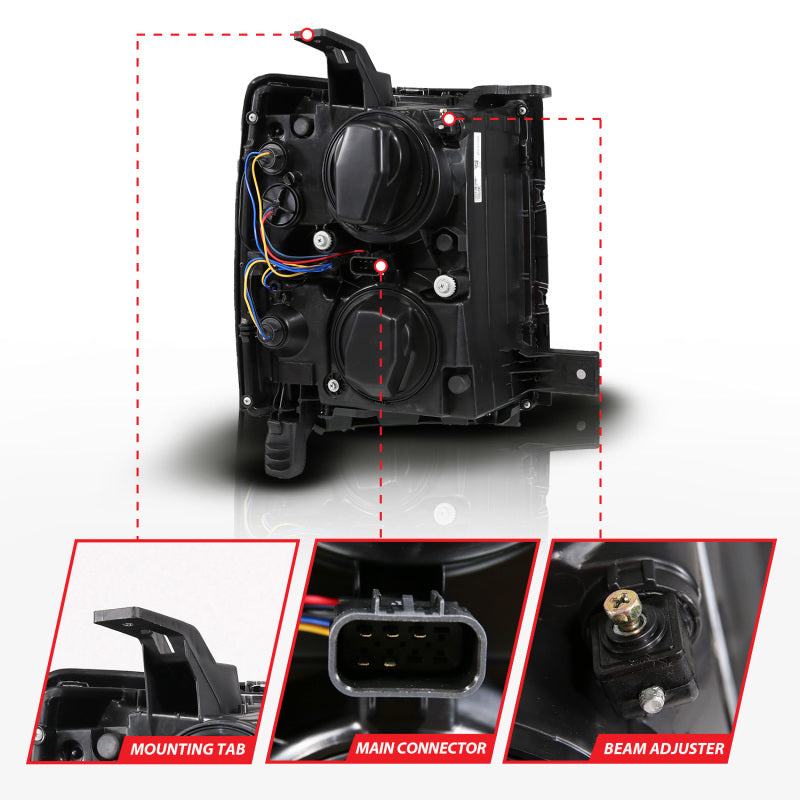 Anzo 14-15 Chevy Silverado 1500 Chrome Dual Switchback+Sequential LED Tube Sq. Projector Headlights