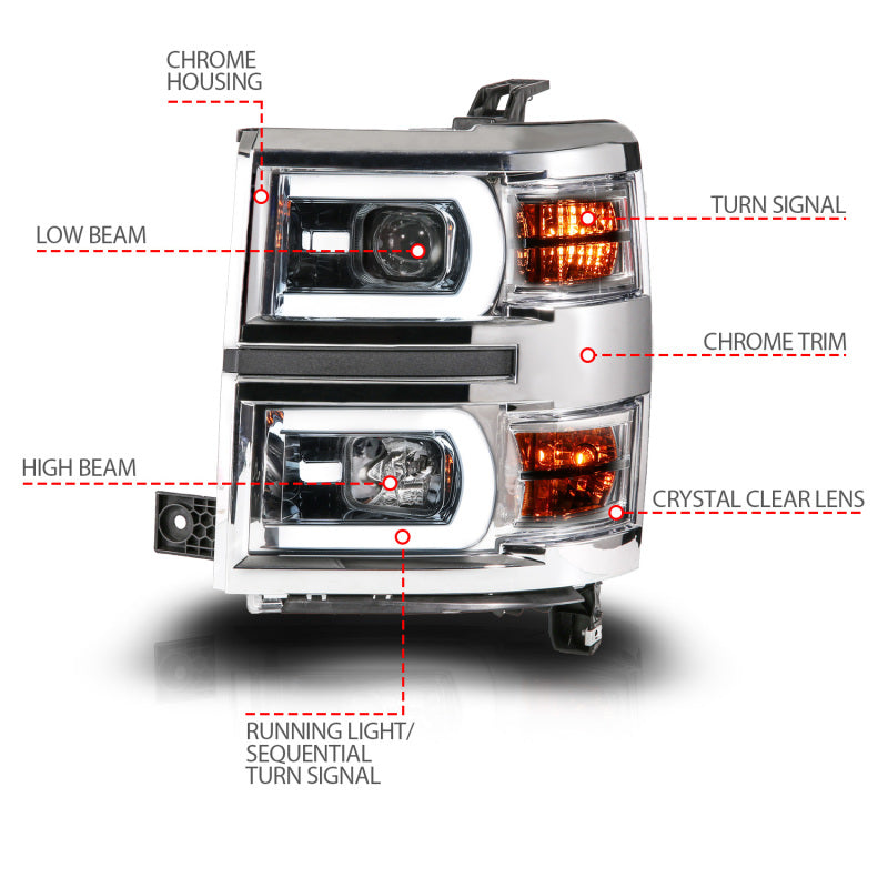 Anzo 14-15 Chevy Silverado 1500 Chrome Dual Switchback+Sequential LED Tube Sq. Projector Headlights
