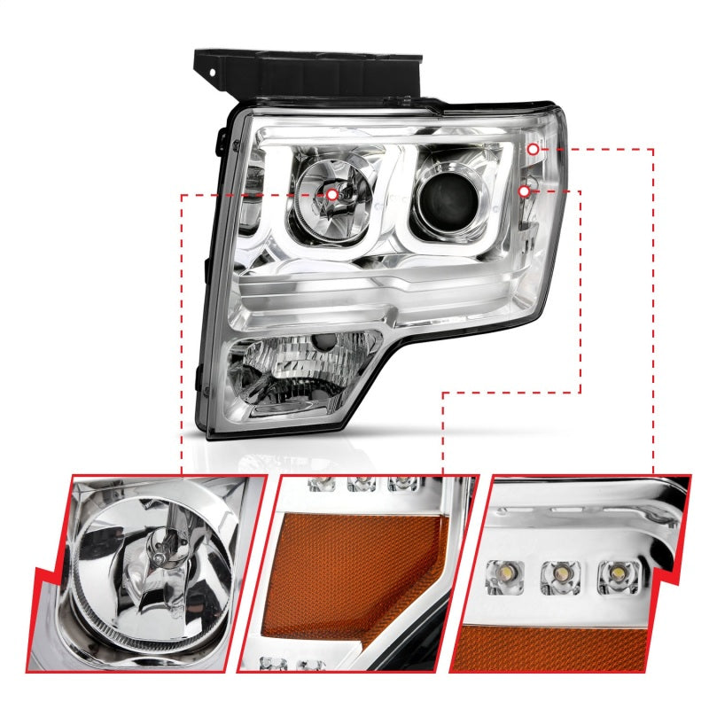 ANZO 2009-2014 Ford F-150 Projector Headlights w/ U-Bar Chrome Amber (HID TYPE) (WITHOUT HID KIT)