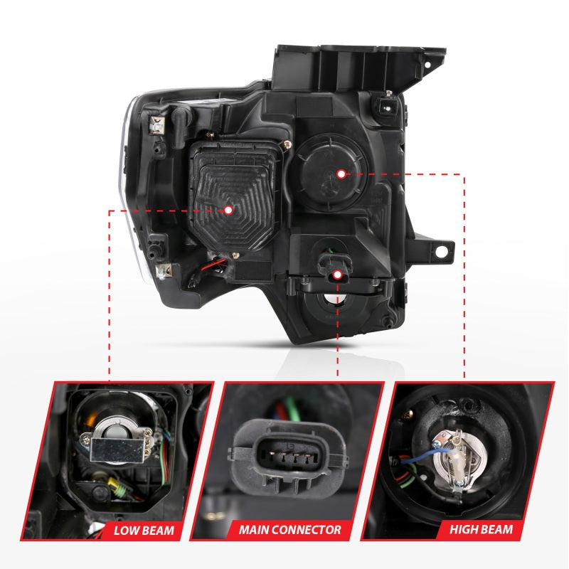 ANZO 2009-2014 Ford F-150 Projector Headlights w/ U-Bar Chrome Amber (HID TYPE) (WITHOUT HID KIT)