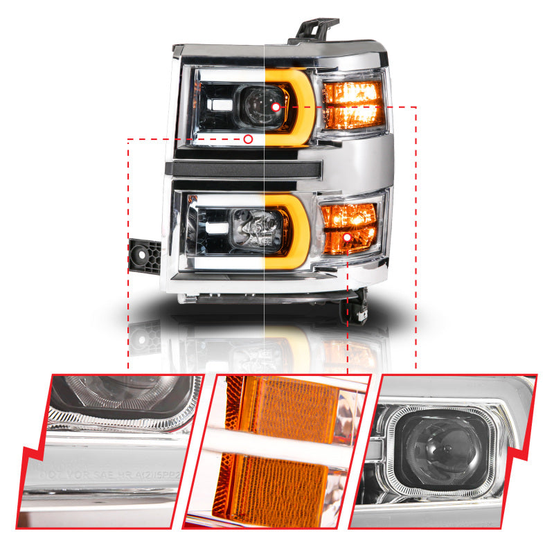 Anzo 14-15 Chevy Silverado 1500 Chrome Dual Switchback+Sequential LED Tube Sq. Projector Headlights